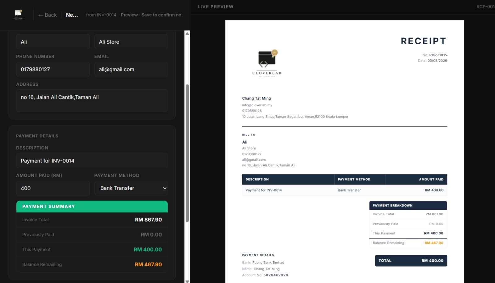 CloverBill screen showing a half payment with the balance calculated automatically